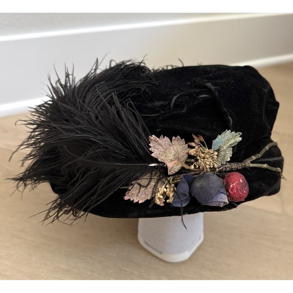 Antique Accessories - Antique Edwardian Black Velvet Ostrich Feather Ladies Hat 1900s Floral Accents